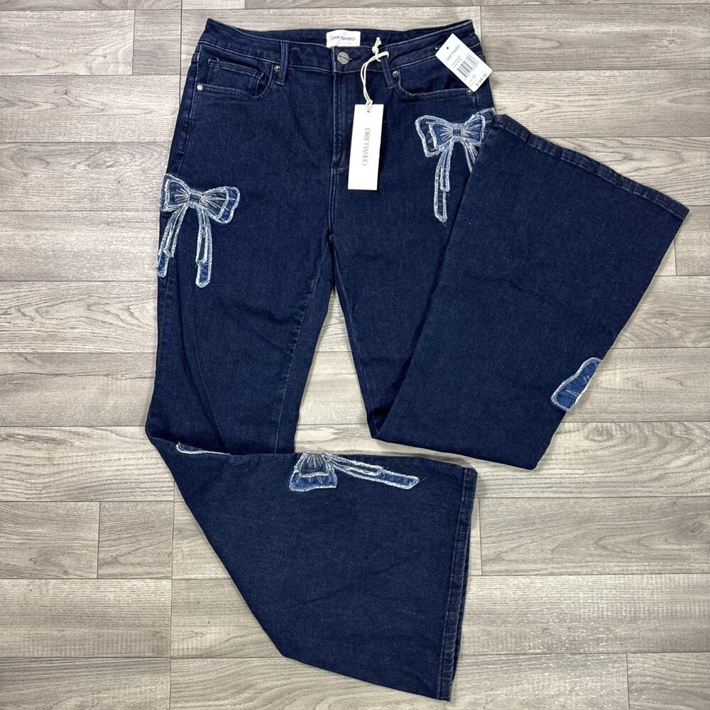 DRIFTWOOD Farrah Flare Denim Jeans Bow Patchwork Applique Dark Wash sz 29 - Picture 1 of 8